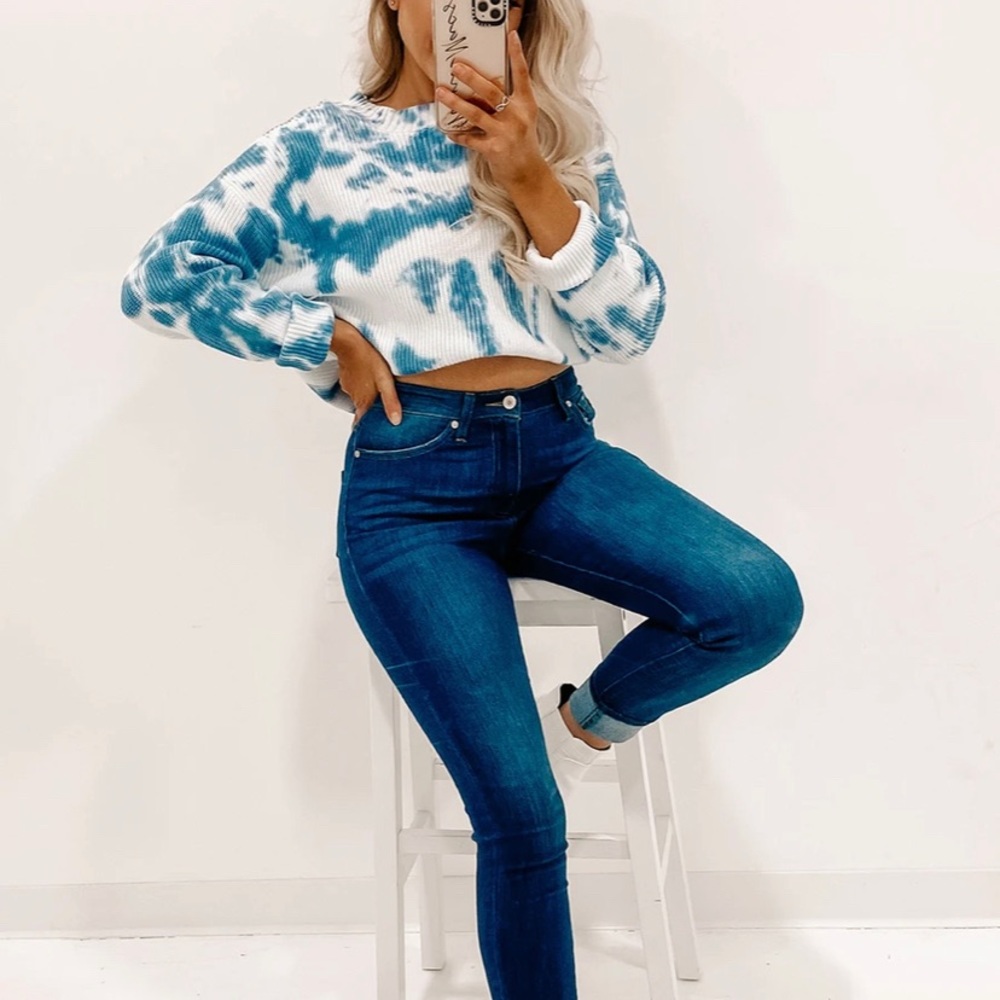 Peach Love blue tie dye sweater